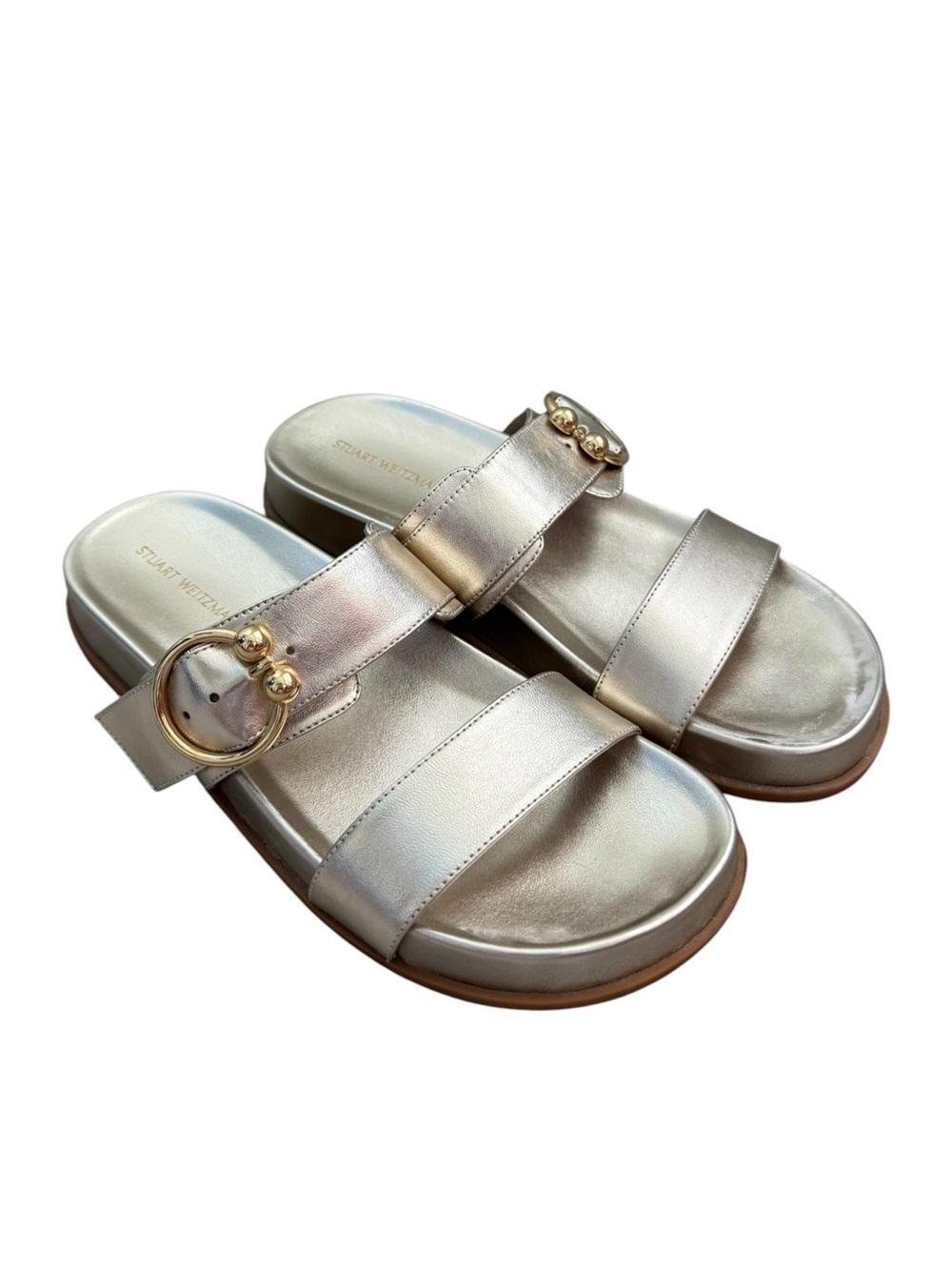 Stuart Weitzman Joni Slide Sandals Gold Metallic Buckle Womens Size 5.5